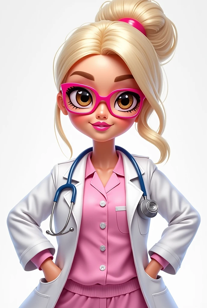 Barbie cartoon style, intimidating look, brown eyes ,round face ,female doctor with pearly blonde hair ,combed a bun with, White coat, a pastel pink medical pajama ,pink frame glasses