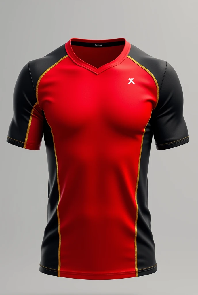 Red volleyball shirt with black side details with gold details