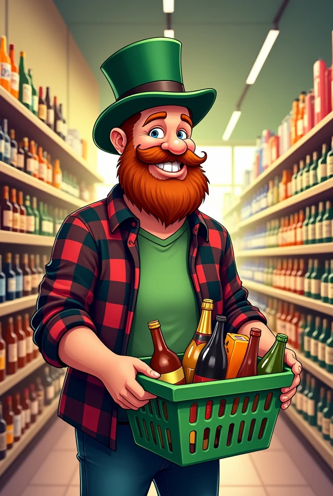 Create an illustration for a 25 cm high by 40 cm wide sign. The image should show a slightly overweight man around 60 years old wearing a green top hat and a slightly red beard., but pulled more towards brown black and red plaid shirt with the sleeve rolled up on the arm, not cartoon style, with short brown hair and a friendly smile and a more masculine face and body. He is wearing a green shirt and jeans.. The man is in the aisle of a modern market, illuminated with warm and inviting colors. On the shelves in the background, there is a variety of drinks arranged neatly, like wine bottles, beer and soft drinks.

The man is holding a green shopping basket in his right hand, which is full of different bottles and products. The basket must be clearly visible, standing out in the image. The man&#39;s expression is relaxed and satisfied, showing the comfort of using the basket to carry your shopping.

On top of the plate, include the sentence in bold and with a legible and friendly font: &#39;Your hands deserve a rest. Grab a basket and shop in comfort&#39;. The text must be in Brazilian Portuguese and aligned to complement the image., without overloading the scene.

The overall design should be colorful, with an artistic style that is both modern and playful, using a bright, contrasting color palette that captures customers&#39; attention and encourages them to use the baskets available. The composition must be balanced, focusing on both character and message, creating a harmonious and effective image.