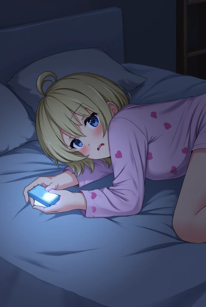 The image shows a female character in an environment that appears to be a bedroom., in a lying position on a bed. Let's analyze the details of this image in parts.:
### charachter:
- **Face and Expression**: The character has short, blonde hair with bangs and side locks., as well as a small pigtail on top of the head adorned with a heart-shaped accessory. Your eyes are big, expressive, and blue in color, with flushed cheeks, which may indicate shyness, surprise, or even a certain nervousness. His mouth is slightly open, reforçando a expressão de surprise ou espanto.
- **vestimentas**: She is wearing light pink pajamas covered in little red hearts., which is very comfortable and typical of girls' sleepwear. The pajamas include a long-sleeved top and short shorts.. The shorts appear to be slightly lowered, revealing a significant amount of skin above the waist.
- **Position and Posture**: The character is lying on her side, with legs bent, one of which is raised and partially covered by pajamas, but still reveals part of her thighs and buttocks. One hand is holding an electronic device, possibly a cell phone or handheld console, that emits a bluish light, indicating that the device is turned on. The other hand appears to be resting on the bed, or slightly hidden, contributing to the cozy posture, but with a touch of vulnerability.
### enviroment:
- **Lighting**: The lighting is predominantly soft, possibly depicting a nighttime or low-light setting, with the main light coming from the screen of the device she is holding. The blue light from the device partially illuminates the character's face and a small area around her, while the rest of the environment remains in shadows, suggesting that she is in a dark or dimly lit room.
- **Bed and Sheets**: The character is lying on sheets that appear to be light in color., maybe branc