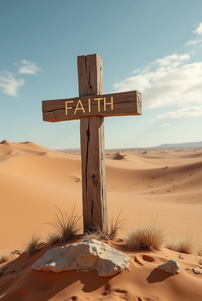 A cross in the desert with the words focus and faith written on it 