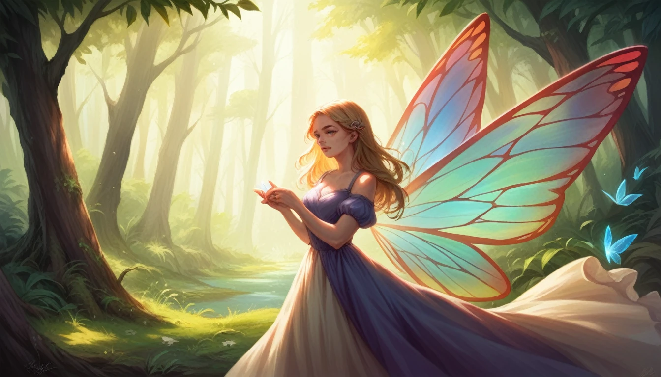 a woman holding a fairy in a magical forest, detailed portrait, beautiful detailed eyes, extremely detailed face and features, long eyelashes, serene expression, flowing dress, delicate butterfly wings, sunlight streaming through trees, lush foliage, golden hour lighting, vibrant colors, atmospheric, cinematic, highly detailed, 8k, photorealistic, digital art