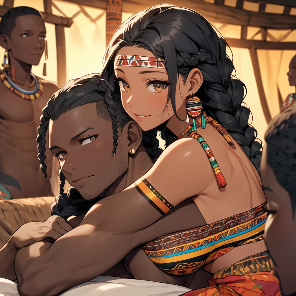((Highest quality)), ((masterpiece)), (detailed), (Perfect Face)、The woman, with her vibrant dark skin, is happily nestled next to her husband, a man from the tribe.、(Ghana braids with strong curly hair slicked back)、Black, dark skinned, African native tribal woman、The amount of hair is small、Black Hair、Very short curly hair、Ghana braid hair, finely and delicately braided into Ghana braids and slicked back、A black African woman with braided hair, low volume, tribal earrings and tribal accessories, beautifully dressed and wearing tribal makeup、A beautiful tribal woman with tattoos all over her body、Women in tribal village night rituals、The woman's hair is dyed black by the other women in the village and styled like an African woman's.