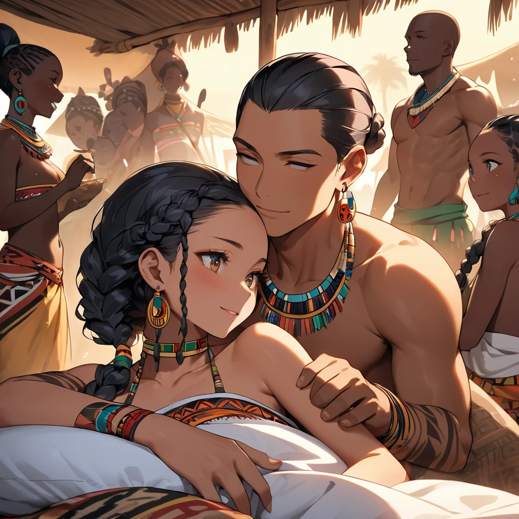 ((Highest quality)), ((masterpiece)), (detailed), (Perfect Face)、The woman, with her vibrant dark skin, is happily nestled next to her husband, a man from the tribe.、(Ghana braids with strong curly hair slicked back)、Black, dark skinned, African native tribal woman、The amount of hair is small、Black Hair、Very short curly hair、Ghana braid hair, finely and delicately braided into Ghana braids and slicked back、A black African woman with braided hair, low volume, tribal earrings and tribal accessories, beautifully dressed and wearing tribal makeup、A beautiful tribal woman with tattoos all over her body、Women in tribal village night rituals、The woman's hair is dyed black by the other women in the village and styled like an African woman's.