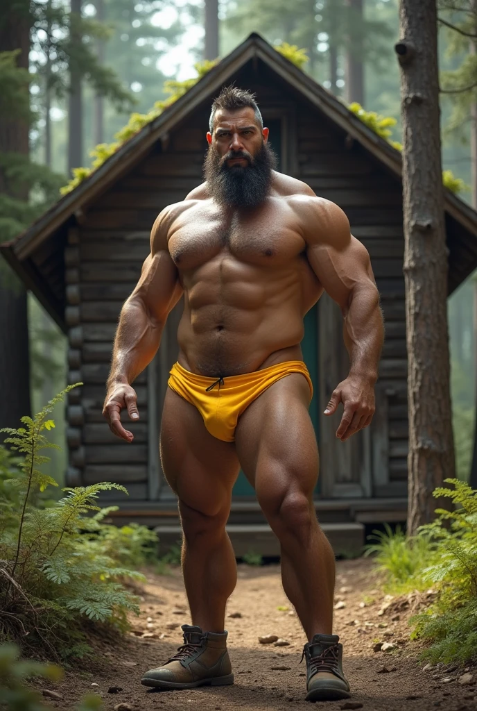 Muscular lumberjack in yellow thong in front of his cabin 