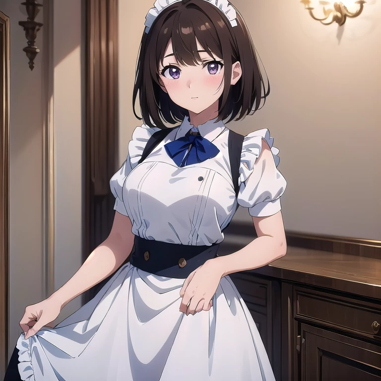 (((masterpiece, highest quality, ultra detailed))), (((sharp focus))), 1girl,solo,perfect anime girl, anime style polished,brown hair,short hair,maid,cowboy shot,blush,