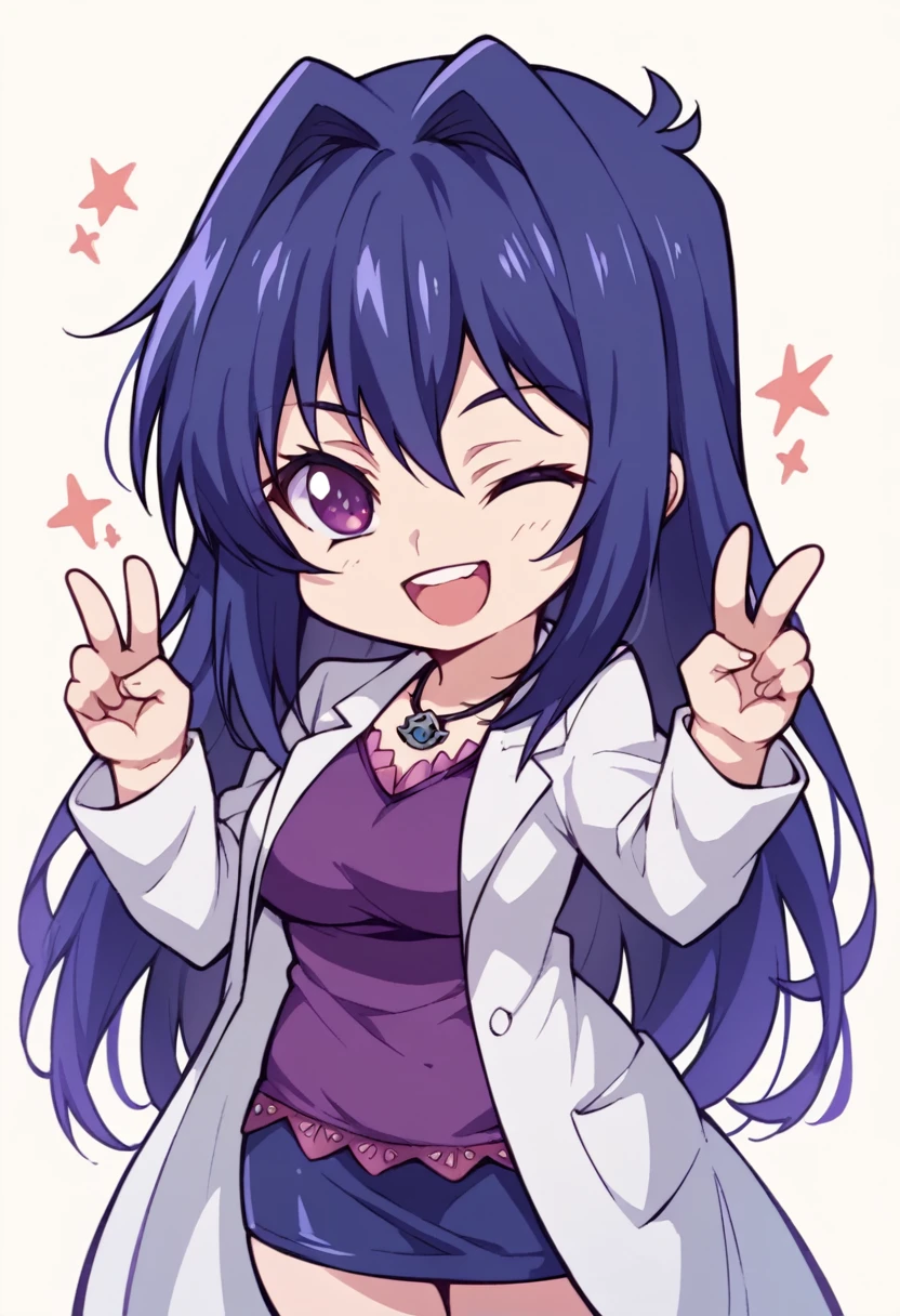 aki nijou,labcoat,open coat,purple blouse,miniskirt black,chibi,(two fingers in V,symbol of love and peace),winking and smiling
