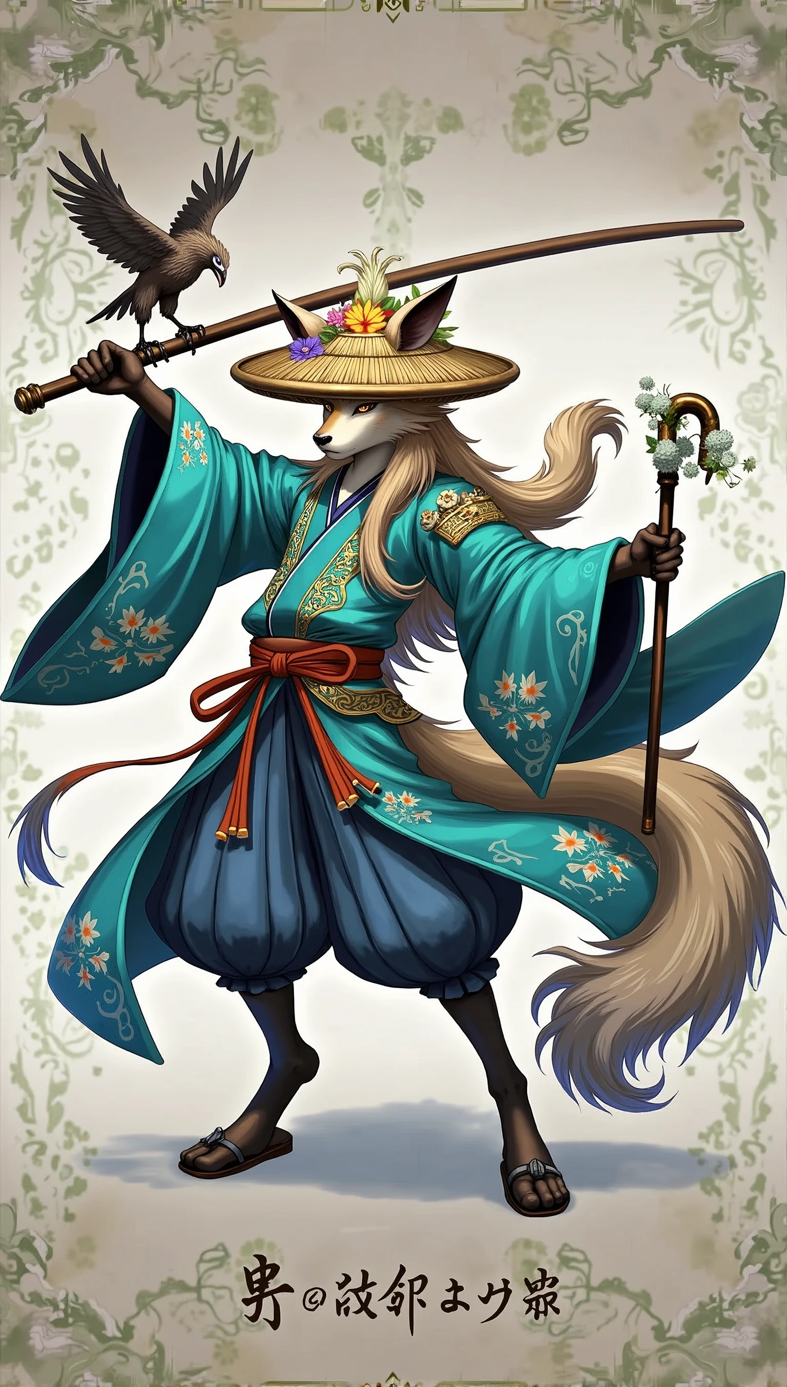 Detailed scene of a humanoid character with fox features, dressed in traditional Japanese clothing inspired by a kimono. The character wears a straw hat decorated with flowers and other elegant ornaments.. He is holding a cane or weapon, and at his side there is an eagle or falcon perched on his arm. The kimono is turquoise with intricate floral designs and gold detailing., highlighting the elegance of the character. The character&#39;s posture reflects confidence and serenity. In the background, A natural landscape is observed that could be a