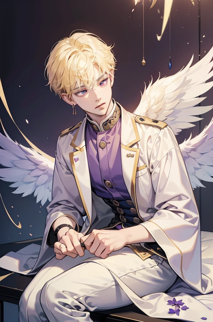 masterpiece, Best Quality, 2.5d illustration , 8k cg wallpaper, A handsome Korean high school boy with blond hair and violet eyes., The child wears angelic clothing, Angel wings, sexy korean bad boy, cara melancolica, sad, seated, sad, Angel wings