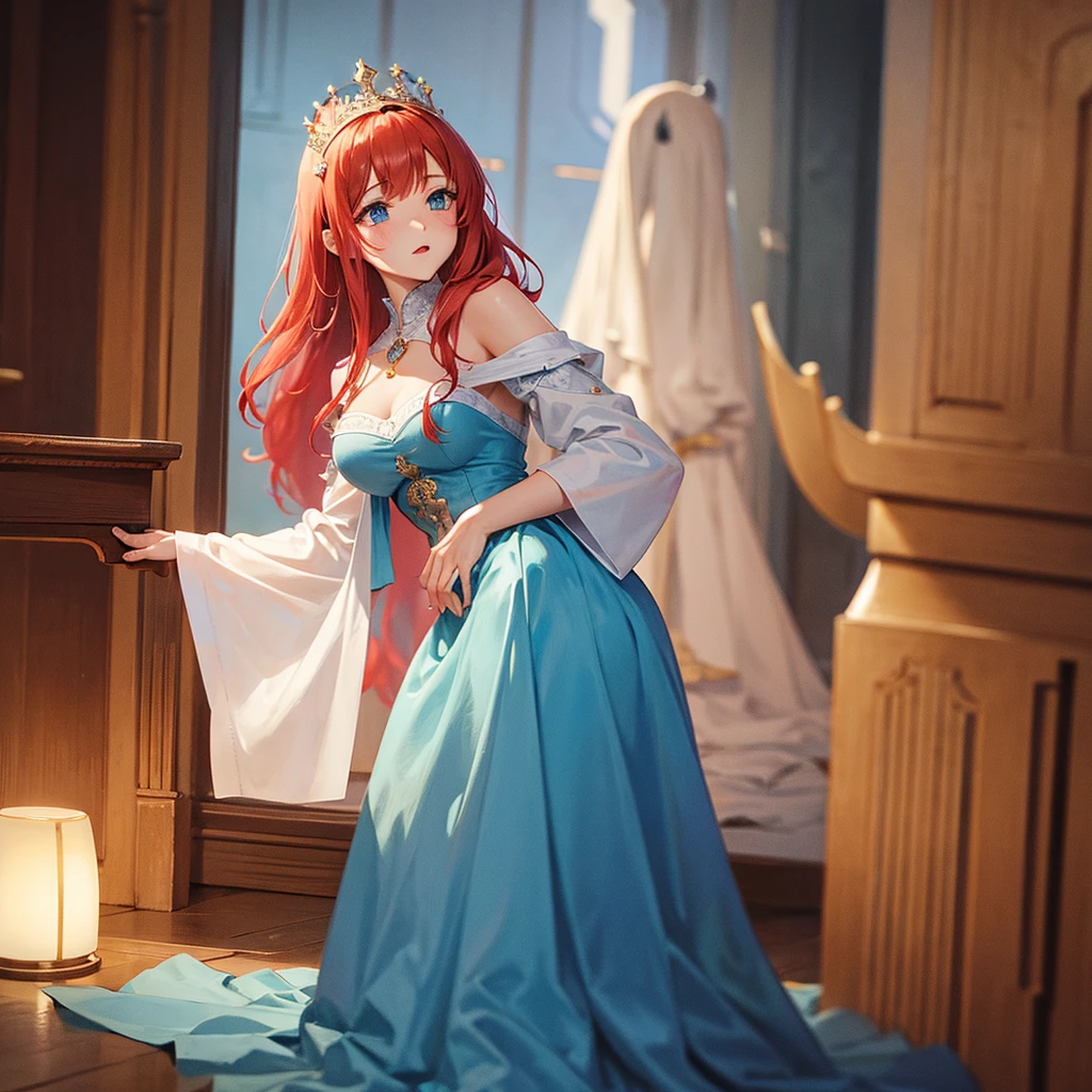 Inside the castle, the king, the queen, red hair, blue eyes. Waiting for your daughter