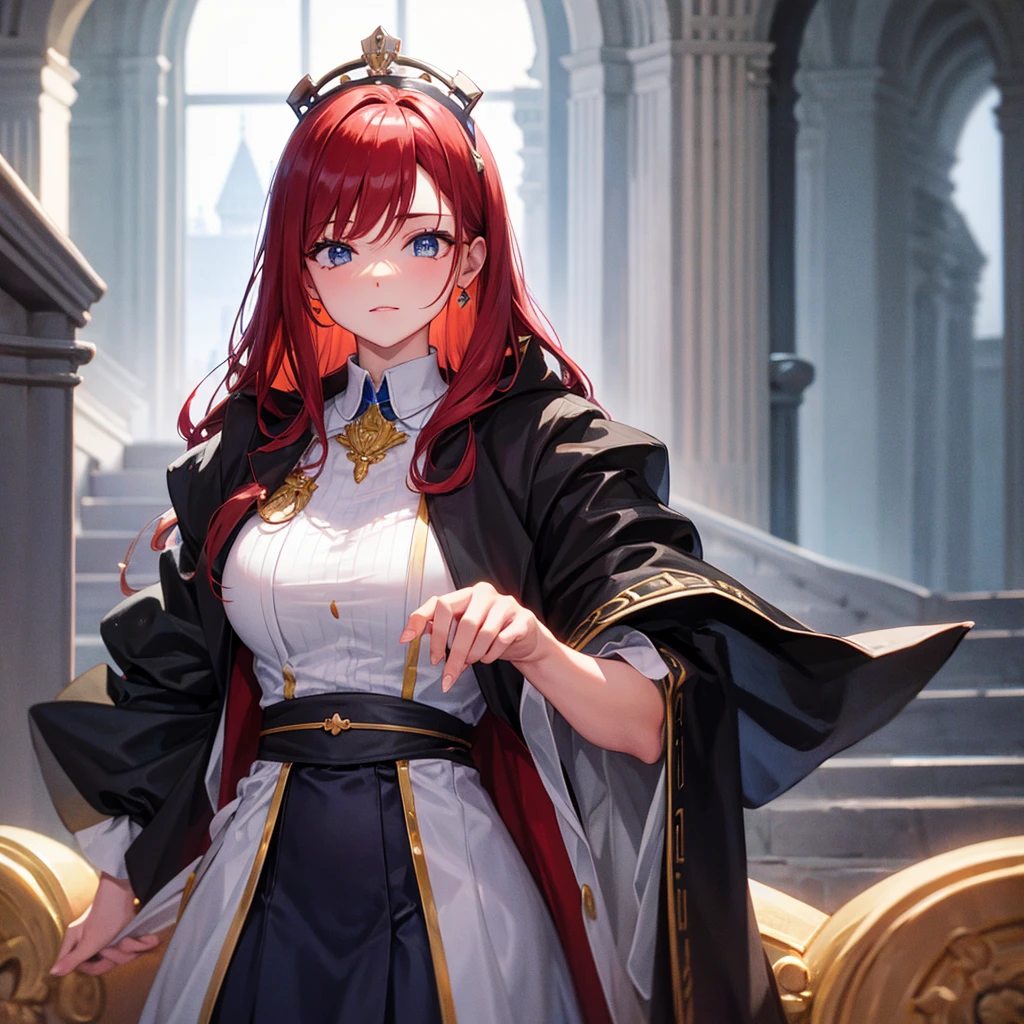 Inside the castle, the king, the queen, red hair, blue eyes.  Waiting for your daughter 