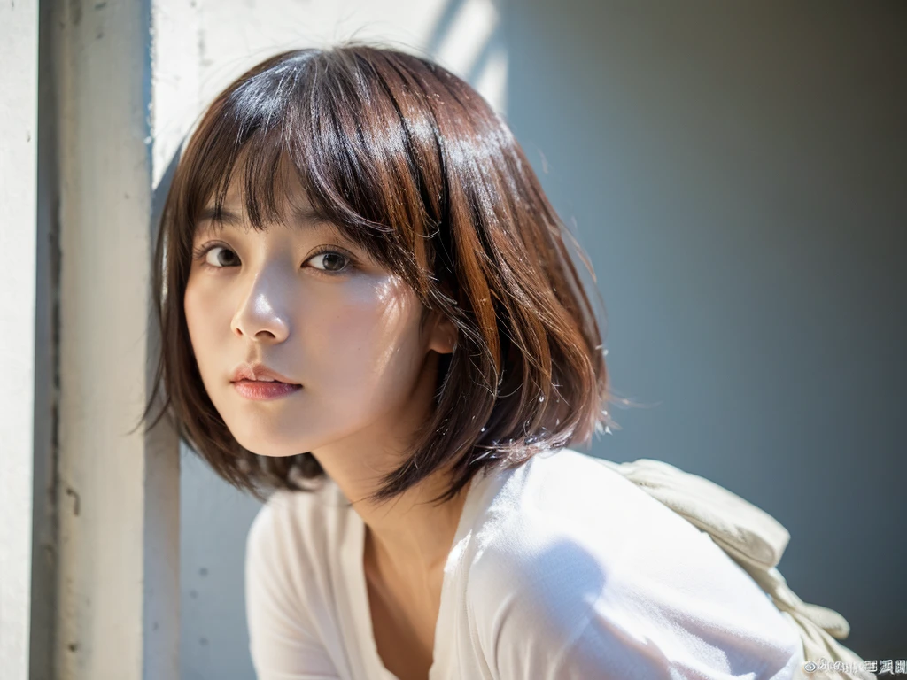 ultra high res, RAW photo, 1 Japanese cute women in her 20s photos, upper body, Take a photo from the front, Portrait, surface focus, (light blush), white T-shirt, bright natural light shines softly on the white wall background, photon mapping, Physically based rendering, (fluffy bob hair:1.2), blunt bangs, (ash lavender hair color:1.1), Handsome, girly, slightly baby face, (Looks like Naenano's face:1.3), a slight distance between her eyes and eyebrows for an ennui look, Rich details
