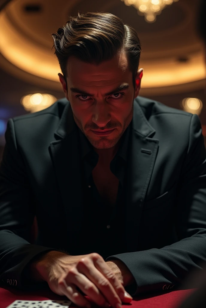 A young man of 30 years old with a serious, slightly malevolent look that shows power, sitting in a dark casino