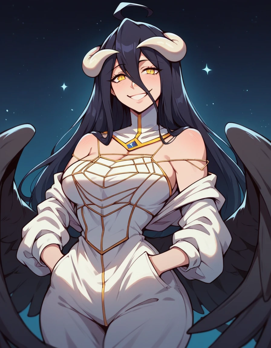 albedo_overlord,black hair, curvy body,medium breast,big hips,wearing mafia suit,hands in pocket, smiling faintly,dark background,night setting,((masterpiece)).