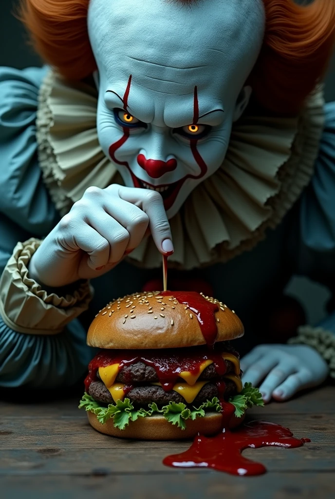 The character Pennywise is behind a table with a burger staring at him, in a dark and colorless place, with low contrast, leaving the clown and the hamburger very evident. Create a more realistic one Make the burger more obvious.
Put barbecue sauce on the burger.
The clown has his index finger stretched out touching his lips.
The clown&#39;s eyes are wide open and wide.
The clown&#39;s face is too close to the burger.
The sauce looks like blood.
