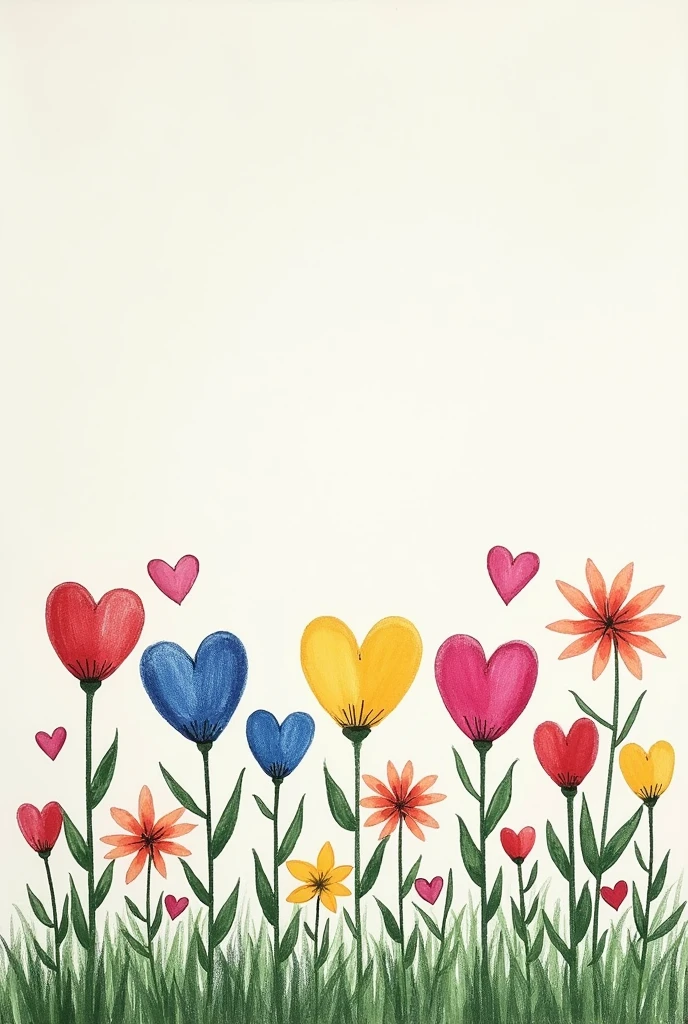 A minimalist garden drawing with colorful floats made with chalk and hearts but some withered flowers with an empty space above