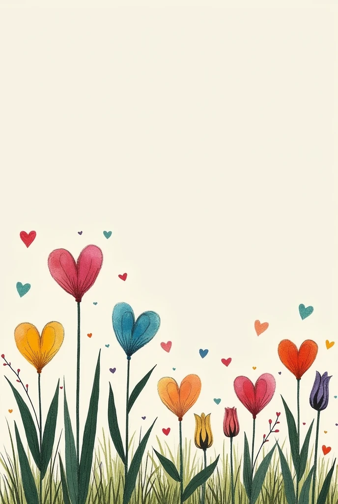 A minimalist garden drawing with colorful floats made with chalk and hearts but some withered flowers with an empty space above