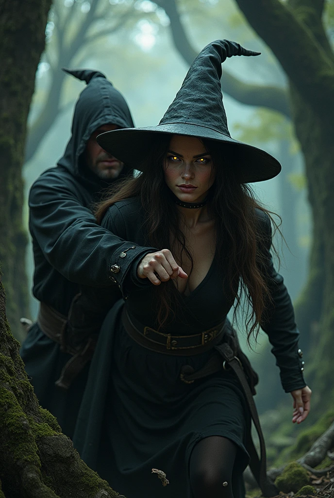 Create a witch being held by her hair by a bald witch hunter. put a witch hat on the witch