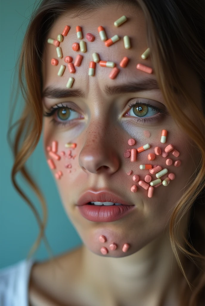 A face with a look of pain and sadness, made of pills, woman with a pained face, within an antibiotic, medicine in capsule!