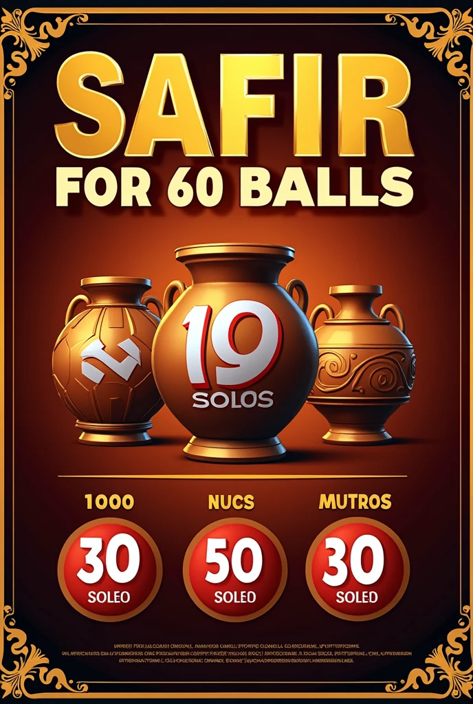 Make an advertising flyer in Spanish with the title SAFIR for 60 balls and with the content that with 10 soles your ball enters the amphora 3 times, There are 8 prizes , of 100 soles, 100 soles, 100 soles , 50 soles, 50 soles, 50 soles, 30 soles and 30 soles