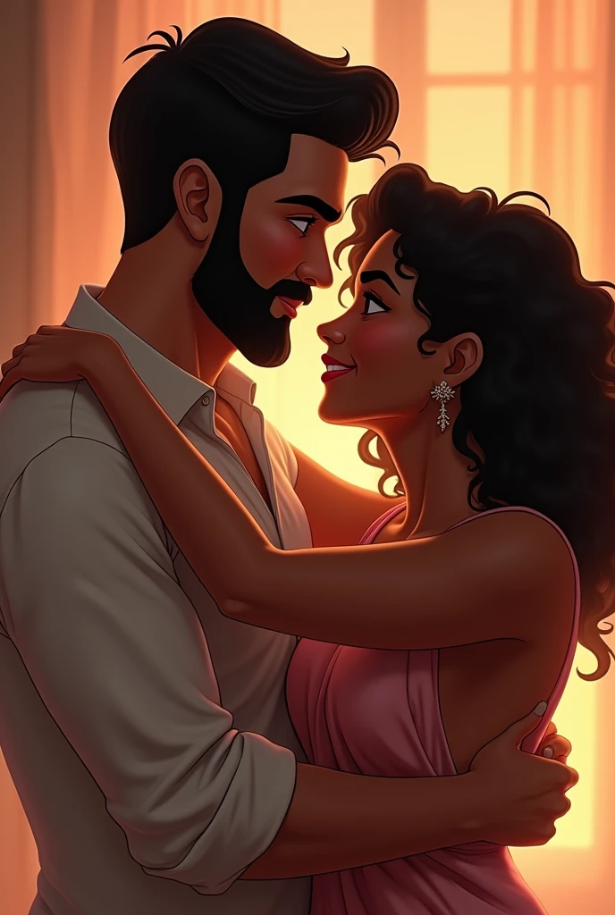 A man of 1,80 tall, brunette skin, barba, straight hair and striking eyebrows and a woman of 1,70, skin black, curly hair, smile and look embracing each other