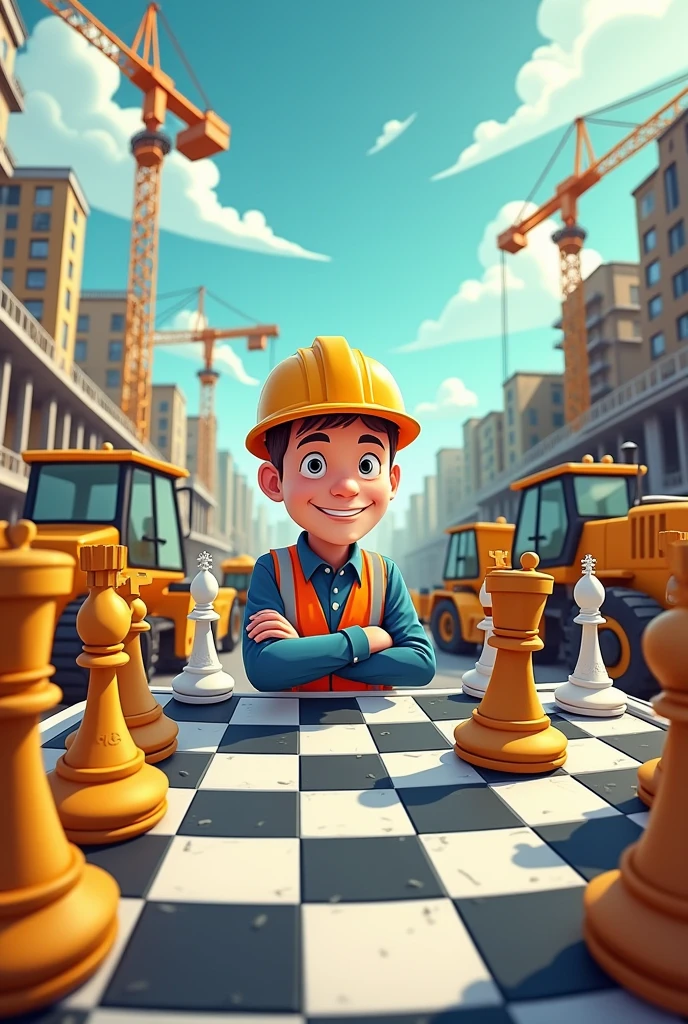 Cartoon image of a chess player with construction machinery and construction workers as chess pieces.