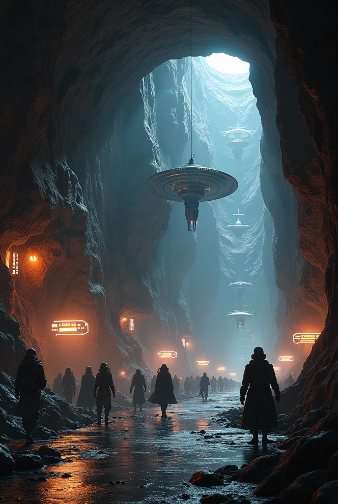 A massive, rebel base hidden underground, carved in the rock, with high-tech facilities, hangars for spacecraft, and poorly lit corridors. The walls are lined with futuristic control panels and tactical maps. (work of art, ultra detaild, 8k, high resolution, cinematic lighting, dark atmospher, photorrealistic)