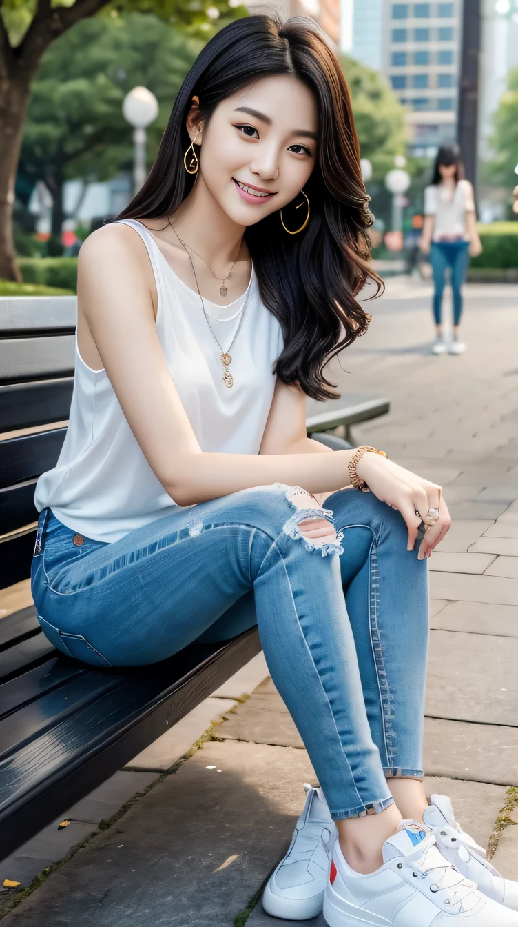 Super Resolution、Beautiful Korean Women、Full body photo、sitting on a park bench、Black Hair、Wavy Hair、ear piercing、necklace、shirt、Skinny jeans、sneakers、smile、Beautiful teeth alignment