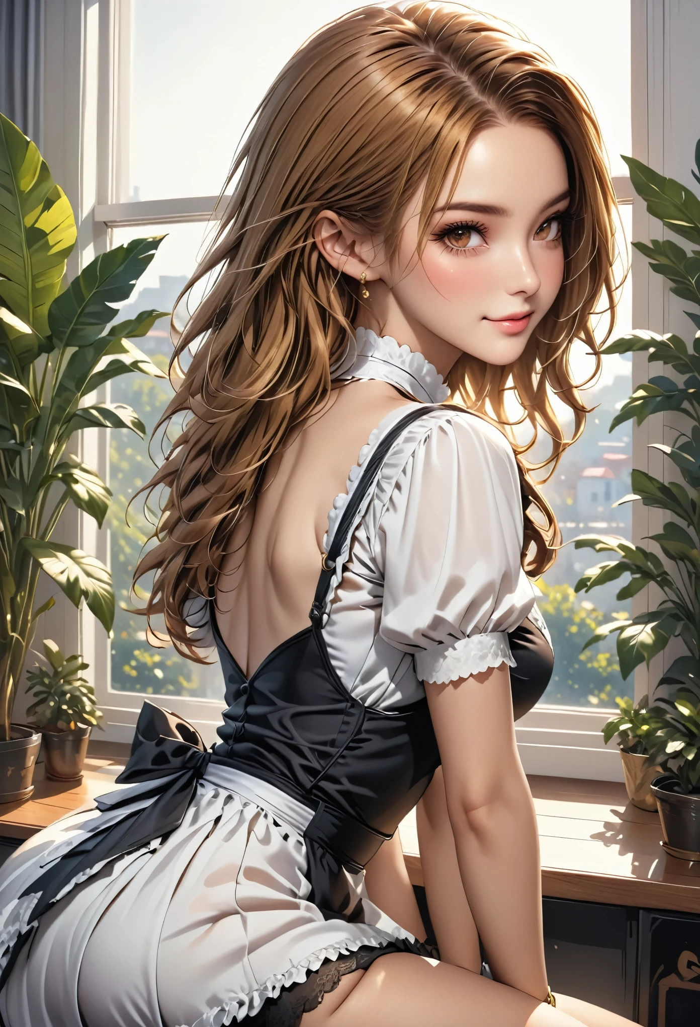 (young woman:1.5), (sexy maid outfit, black high heels, golden bracelet), long brown hair, brown eyes, (cheeky smilie), detailed skin texture, (realistic skin pores, skin impurities:1.0), (bend over, looking back over shoulder:1.3), 24k resolution, highly detailed, (natural front light:0.5), (full body shot:1.3), (realistic style:1.5), modern livingroom with large window and deco plants