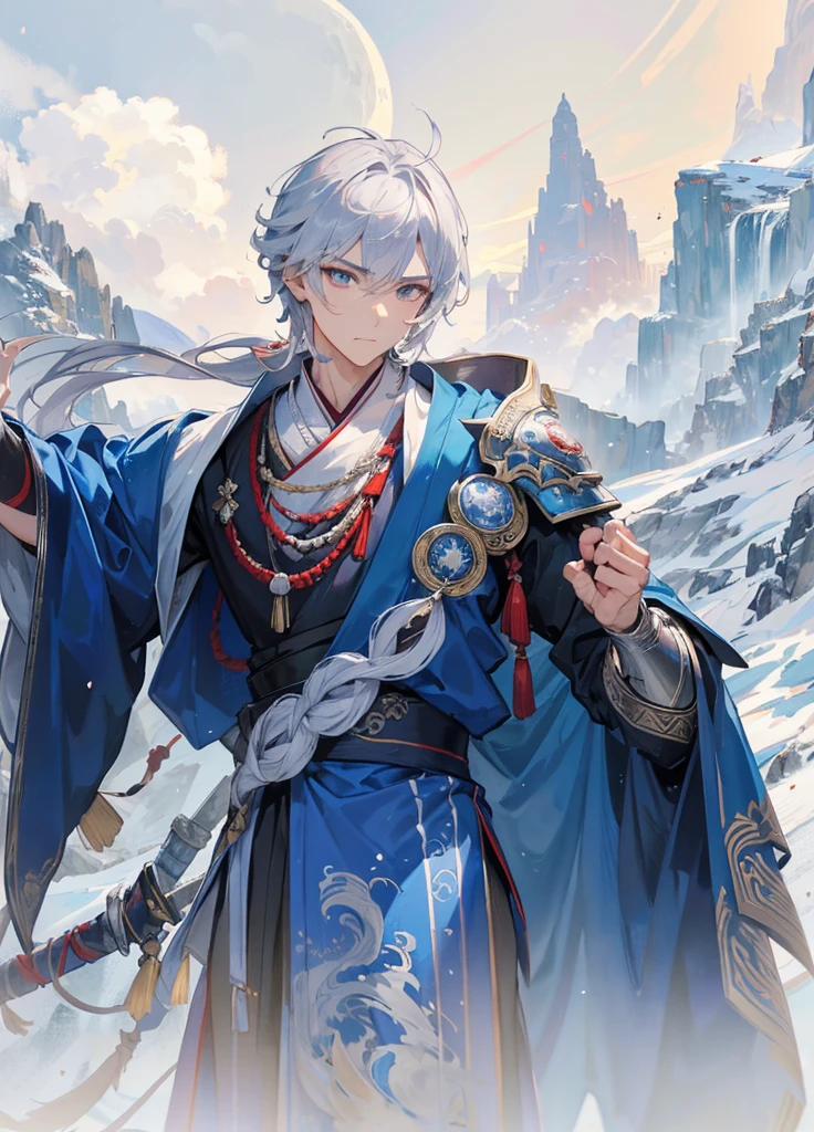 Moonlit Warrior: A powerful Asian male stands steadfast on the misty peak, bathed in soft lunar light. Traditional blue robe with intricate embroidery cinched by crimson sash, worn with silver armor pieces etched with dragon designs. Sword held firmly in right hand, his confident stance and determined expression embody ancient warrior spirit. Framing: Close-up shot of majestic figure against wispy clouds and mountain ranges at sunset, misty veil surrounding the peak. Lighting: Soft moonlight casting gentle shadows on subject's features. Composition: Warrior centered, with misty peaks and wispy clouds forming a harmonious balance around him.