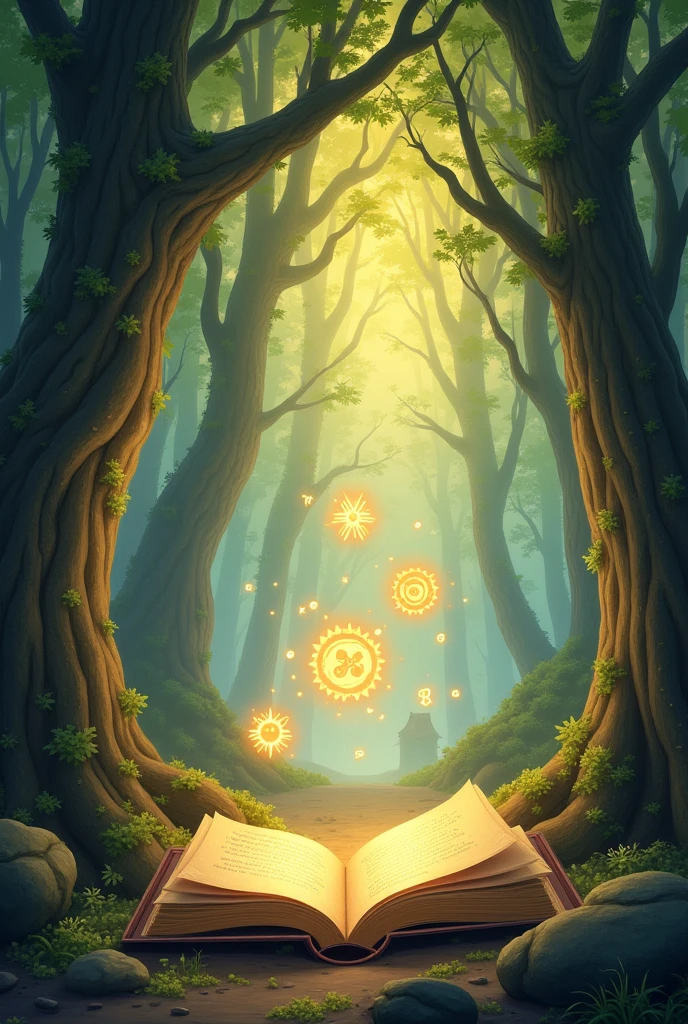Design an introduction page that captures the magical essence of the story "Kieran and the Crimson Amulet." The background should be a soft, mystical forest scene with ancient trees that have faintly glowing runes carved into their bark. A gentle, golden light filters through the tree canopy, creating a warm and inviting atmosphere. At the center of the page, include an open book or scroll with magical symbols floating above it, hinting at the secrets and adventures to come. Around the border of the page, add subtle, whimsical illustrations of Kieran’s companions—a small, elegant elf archer, a kind-hearted ogre, and a half-dryad, each with their unique attributes. The text "Welcome to Arthenia" should be at the top in an enchanting, The overall mood should be welcoming and full of wonder, drawing the reader into the magical world of Arthenia.