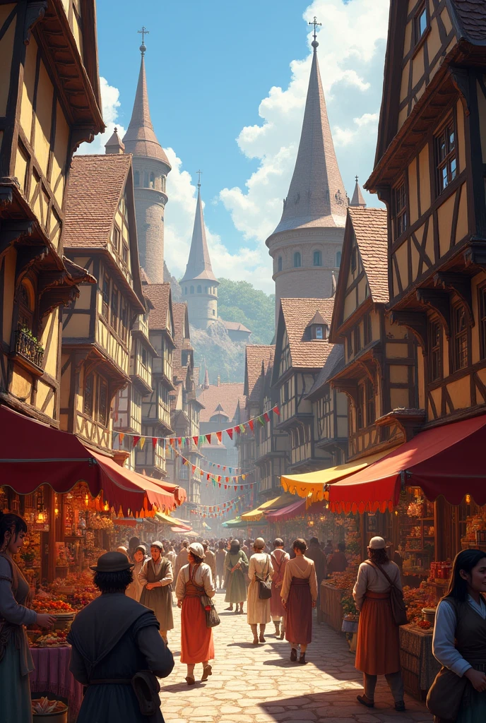 A bustling medieval city, a central market made of colorful stalls and lots of smiling people