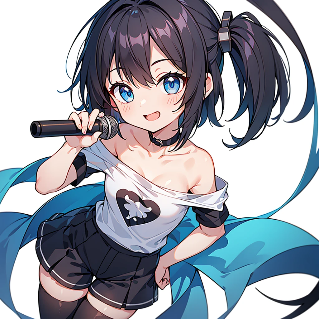 Highest quality,wonderful,finely,Highly detailed CG Unity 8K wallpapers, (1 girl,Black Hair, blue eyes,short hair, Double Bang), (Small breasts:1.2), (black t-shirts:1.1), (clavicle:1.1), Shorts、Smiling Kindly、smile、 (Please open your mouth wide:1.5), (zettai ryouiki:1.2),(narrow:1.2), (Are standing:1.2)、(He is speaking with a microphone in his right hand.:1.1)、(((White background)))、To the camera