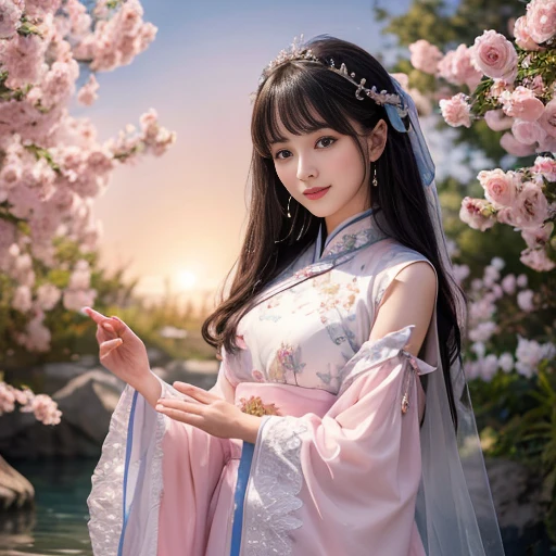 best quality, Delicate face，beautiful visual work, lifelike, eternity, black hair, Long curly hair, blunt bangs, Smile, Detailed Background, Delicate face，blush，cold，((masterpiece))、(top quality)、8k、high detail、Super detailed，21 years old female，Wearing Tang Dynasty Hanfu、waist skirt, Clothes are light and fluffy，Hanfu, wide sleeves, Transparent sleeves, Tunic, Clothes made of chiffon, Seductive and whimsical style、masterpiece、born、Scenes resembling fairy tale illustrations、Intricate details and complex designs、Beautifully、magic、capricious、 Beautifully、Dream aesthetics、「𝓡𝓸𝓶𝓪𝓷𝓽𝓲𝓬、ethereal、charming、fickle、magic」、Realism、Visual effects、FXAA、SSAO、Shaders、voiceless、ambient lighting、Tone mapping、High resolution、Ultra high quality、Million pixels、(8K resolution:1.10)、8k、Below 8K、8K resolution、high detail、intricate details， (high quality:1.2、masterpiece:1.2、:1.21)、(21 years old female:1.21)、(Smile excitedly)、(Surrounded by a dream-like atmosphere、Model diagram，full-body shot，Normal 2 feet，Put your hands behind you，The protrusion of the breast is visible when wearing clothes, Large Breasts, H cup chest, antiquity, Xian Xia, gauze clothes, Soft and fluttering, Fairy, dream, fantasy, light, elegant, nature, Immortal, romantic, classical, ribbon, light pink clothes, By the stream