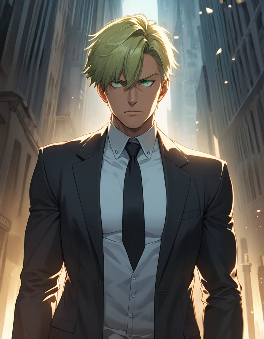 1man, man in black, tough mature, business hair with short asymmetrical bangs, little goatee, green platina blond hair, emerald eyes, BREAK 45yo, charming caucasian, slightly long chiseled face, deep set, angular jaw, facial wrinkles, crewcut, BREAK ideal ratio body proportions, toned muscular, beautiful detailed eyes, dark hero, best eyes, BREAK solo, funeral black suit, black necktie, white shirt, at wall street, detailed background, gloom, cool expression, natural standing, looking away, BREAK upperlegs, dramatic expression, in korean illustration style, masculine comic art, 2010s, retro visual novel, in persona style, dutch angle, cinematic shadows, cinematic lighting, lens flare, light leaks, texture, absurdres absolutely resolution, extreme all detailed, greatest painting, BREAK masterpiece, best quality