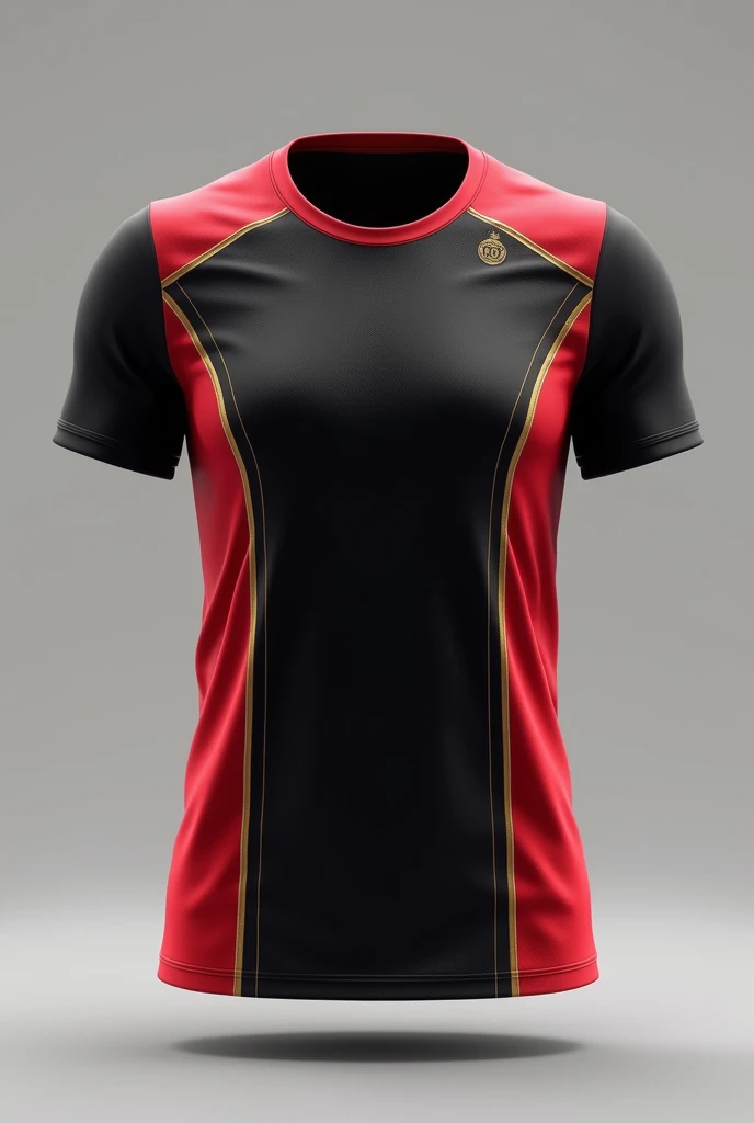 Black volleyball shirt with red side details with gold details