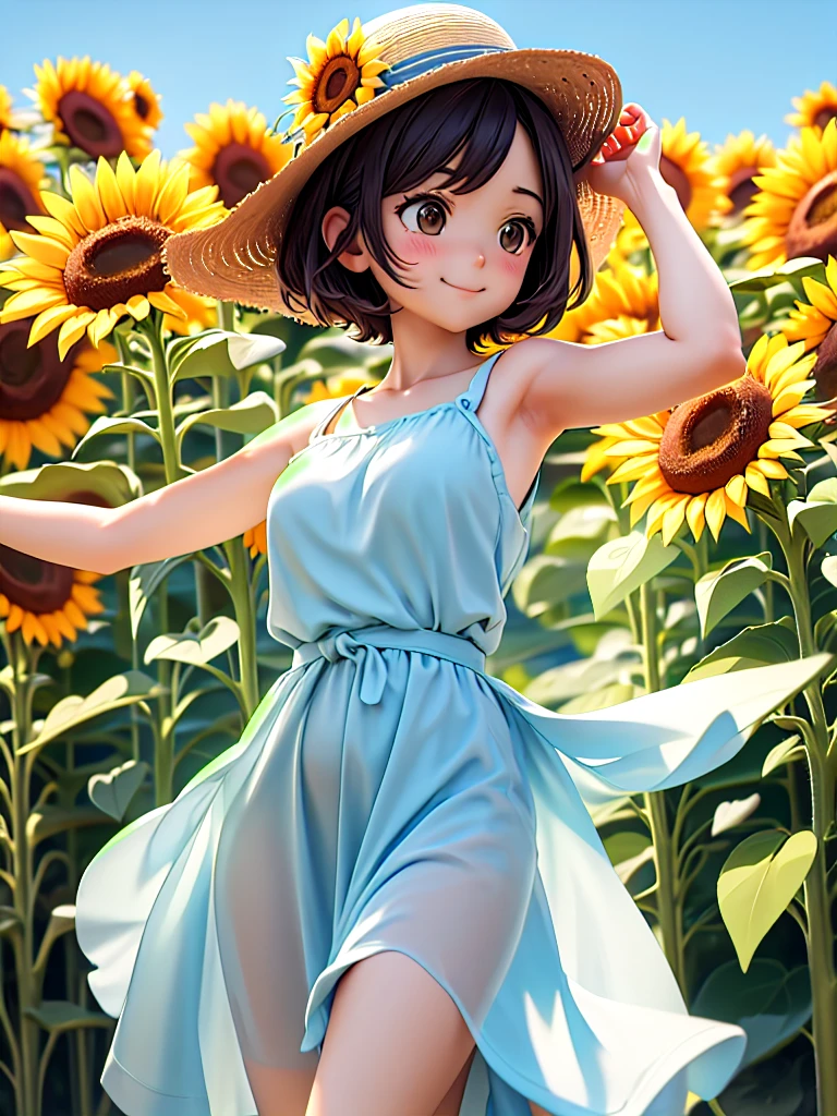 master piece, best quality, for below, cinematic angle, upper body , pigeon toed,
Anime-style Moe illustration, summer vacation theme, 20-year-old woman, sunflower field, short hair,
Picnic Maxi Dress, slightly inner thighs, smile, accurate drawing, Active pose, Active Angle,