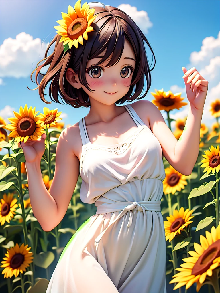 master piece, best quality, for below, cinematic angle, upper body , pigeon toed,
Anime-style Moe illustration, summer vacation theme, 20-year-old woman, sunflower field, short hair,
Picnic Maxi Dress, slightly inner thighs, smile, accurate drawing, Active pose, Active Angle,