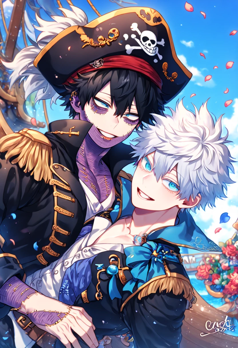 absurdres, highres, ultra detailed, HDR, master piece, best quality, extremely detailed face, delicated features, Dabi, black hair, expressive turquoise eyes, Boku No Hero Academia, Gojou Satoru, white hair, expressive blue eyes, white eyelashes, two sexy men together, yaoi, gay couple, handsome, manly man, pirate clothes, pirate hat, pirates, accessories, fantasy, magical, pirate ship, blue sky, petals, flowers