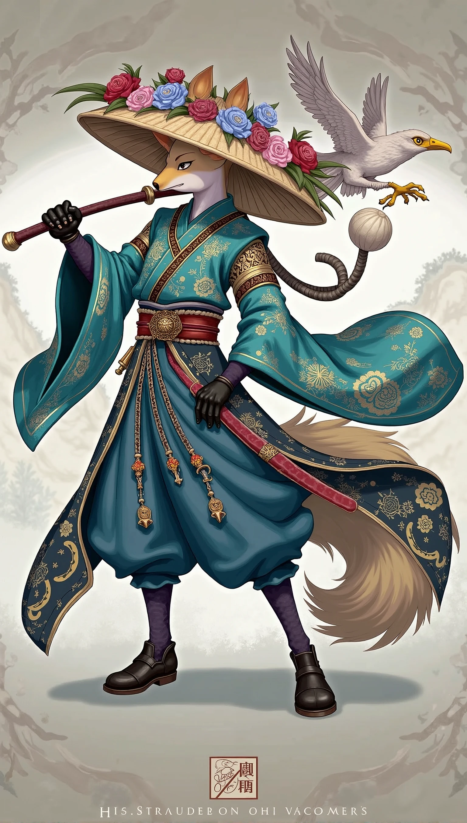 Detailed scene of a humanoid character with fox features, dressed in traditional Japanese clothing inspired by a kimono. The character wears a straw hat decorated with flowers and other elegant ornaments.. He is holding a cane or weapon, and at his side there is an eagle or falcon perched on his arm. The kimono is turquoise with intricate floral designs and gold detailing., highlighting the elegance of the character. The character's posture reflects confidence and serenity. In the background, A natural landscape is observed that could be a