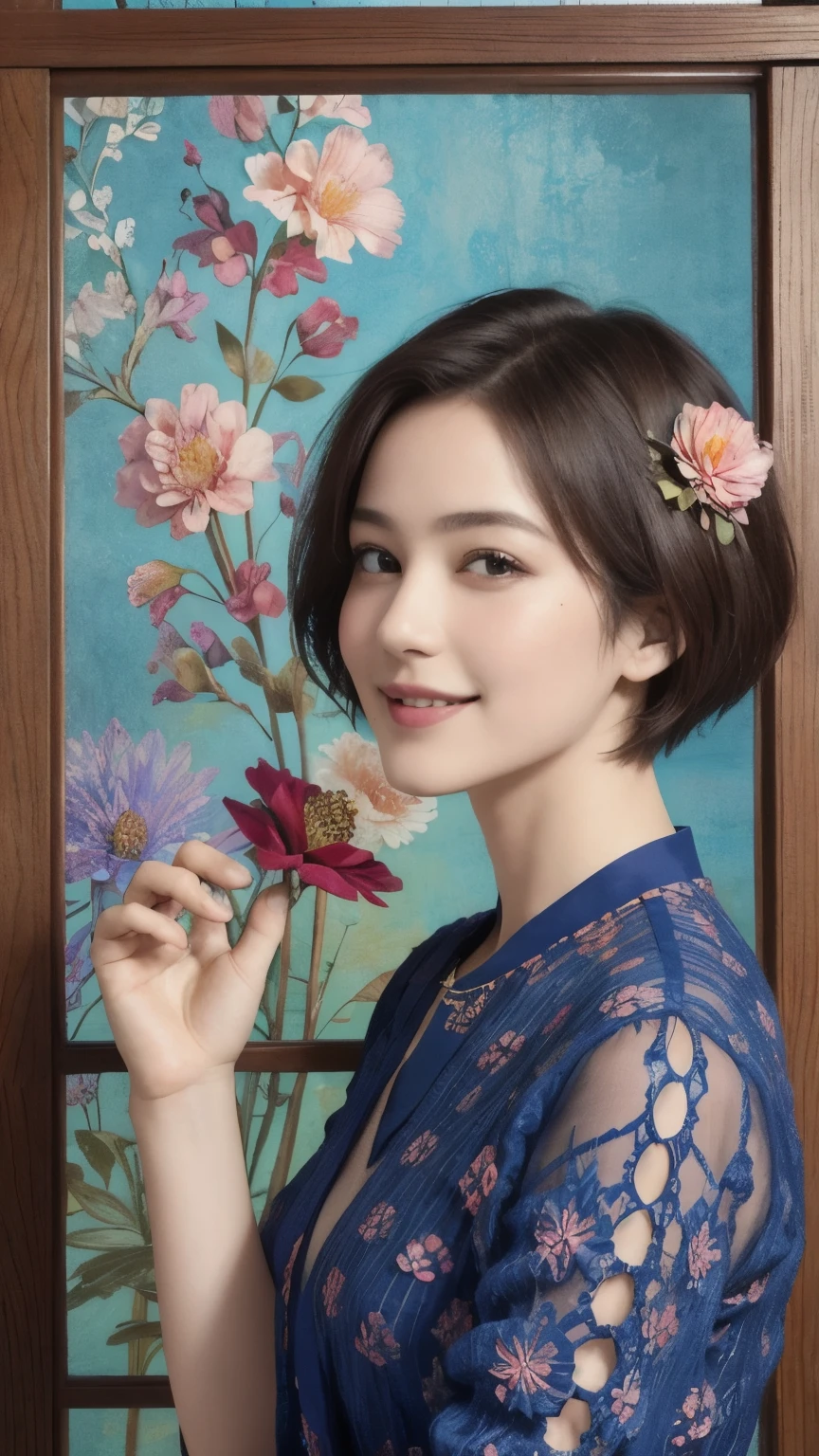271 (20-year-old woman,short hair), (masterpiece, Highest quality, beautiful:1.2), Very detailed, (Fractal Art:1.1), (colorful:1.1), (flower:1.3), whole body, (Abstract background:1.3), (Many colors:1.4), (Old-fashioned smile), (window)
