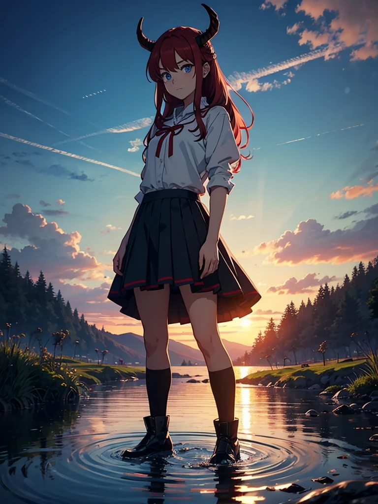 Girl in skirt. More anime style. blue flames. 2d. flatter. anime style. Viking clothing. soft. More anime. Standing in a lake. More anime. More 2d. Clean. More anime. 2d. Glow. Red hair. More anime. male. Long hair. long red hair. boy, vikings. red hair. Blue eyes. fire.