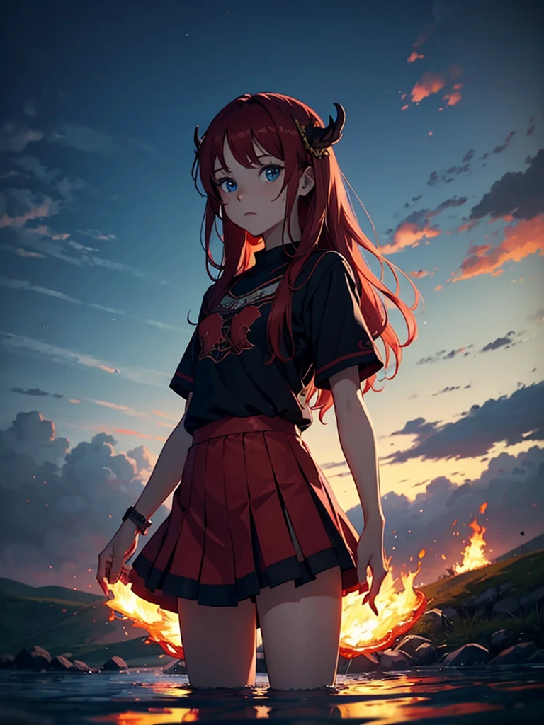 Girl in skirt. More anime style. blue flames. 2d. flatter. anime style. Viking clothing. soft. More anime. Standing in a lake. More anime. More 2d. Clean. More anime. 2d. Glow. Red hair. More anime. male. Long hair. long red hair. boy, vikings. red hair. Blue eyes. fire. 