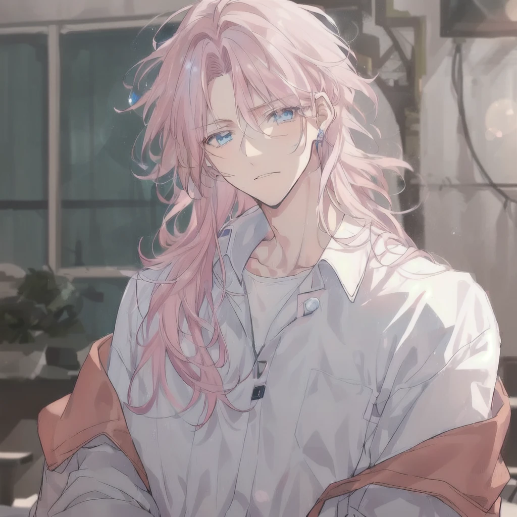 man with pink hair and a white shirt, beautiful androgynous man, handsome guy with long pink hair, lazy facial expression, tall anime guy with blue eyes, anime handsome man, with pink hair, male anime character, Absurdres masterpiece HDR high quality picture of Handsome boy , handsome face, detailed face, light pink hair , long hair, ((messy cut hair style:1 )) , sky blue eyes , light skin , ((muscular:1)),masculine ,age 20 , lazy facial expression, lying in bed, beautiful background, masterpiece scenery, perfect hands, perfect eyes