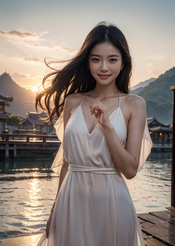 (1 female)、Highest quality、masterpiece、Ultra-high resolution、(Photographic realism:1.4)、Original photo,Octane Rendering、8k、Ultra Sharp、Extremely detailed CG),(((8k))),wallpaper,((Very sophisticated and beautiful)),(((masterpiece))),(((Highest quality))),(((Ultra-high resolution))),Beautiful lighting，Perfect Lightning,Realistic shadows，Beautiful sunset in the background、Beautiful delicate silk dress、Show your teeth and smile、Oriental、East Asia、Summer evening、Sunset、The Sunset Sun、horizon、Focus on the front.Proper body balance,Beautiful Hands,Beautiful fingers,Detailed functions of the fingers,Bright smile,
