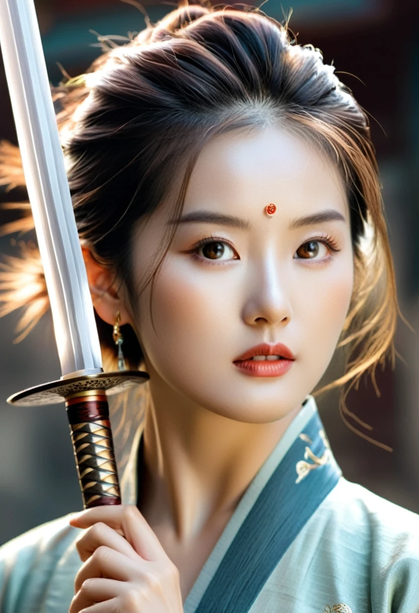 high quality, 8K Ultra HD, Surreal portrait of a stunning woman.
Photography，Hyperrealism，Feeling，Ancient style，Martial arts aesthetics，Quacks，Bronze，怀旧Feeling，Classical Chinese women，A long sword with a cold glow，Showing resilience through your eyes，Tyndall light effect，Bronze调，复古Feeling，Sunset，Antique and modern，Minimalist ink background，Heroic，Headband，short hair，earrings，Clear light yarn，有HeroicFeeling，Bronze肌肤。