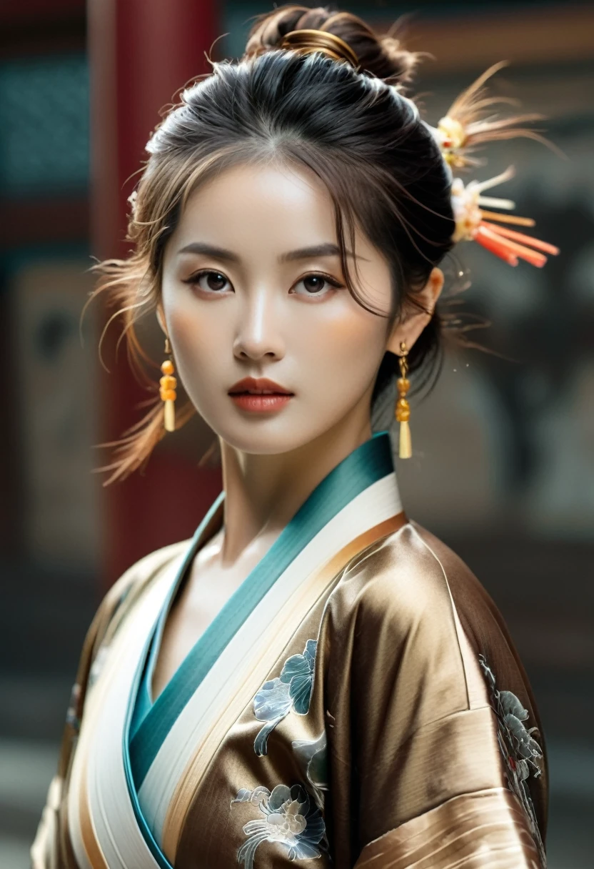 high quality, 8K Ultra HD, Surreal portrait of a stunning woman.
Photography,Hyperrealism,Feeling,Ancient style,Martial arts aesthetics,Quacks,Bronze,怀旧Feeling,Classical Chinese women,A long sword with a cold glow,Showing resilience through your eyes,Tyndall light effect,Bronze调,复古Feeling,Sunset,Antique and modern,Minimalist ink background,Heroic,Headband,short hair,earrings,Clear light yarn,有HeroicFeeling,Bronze肌肤。