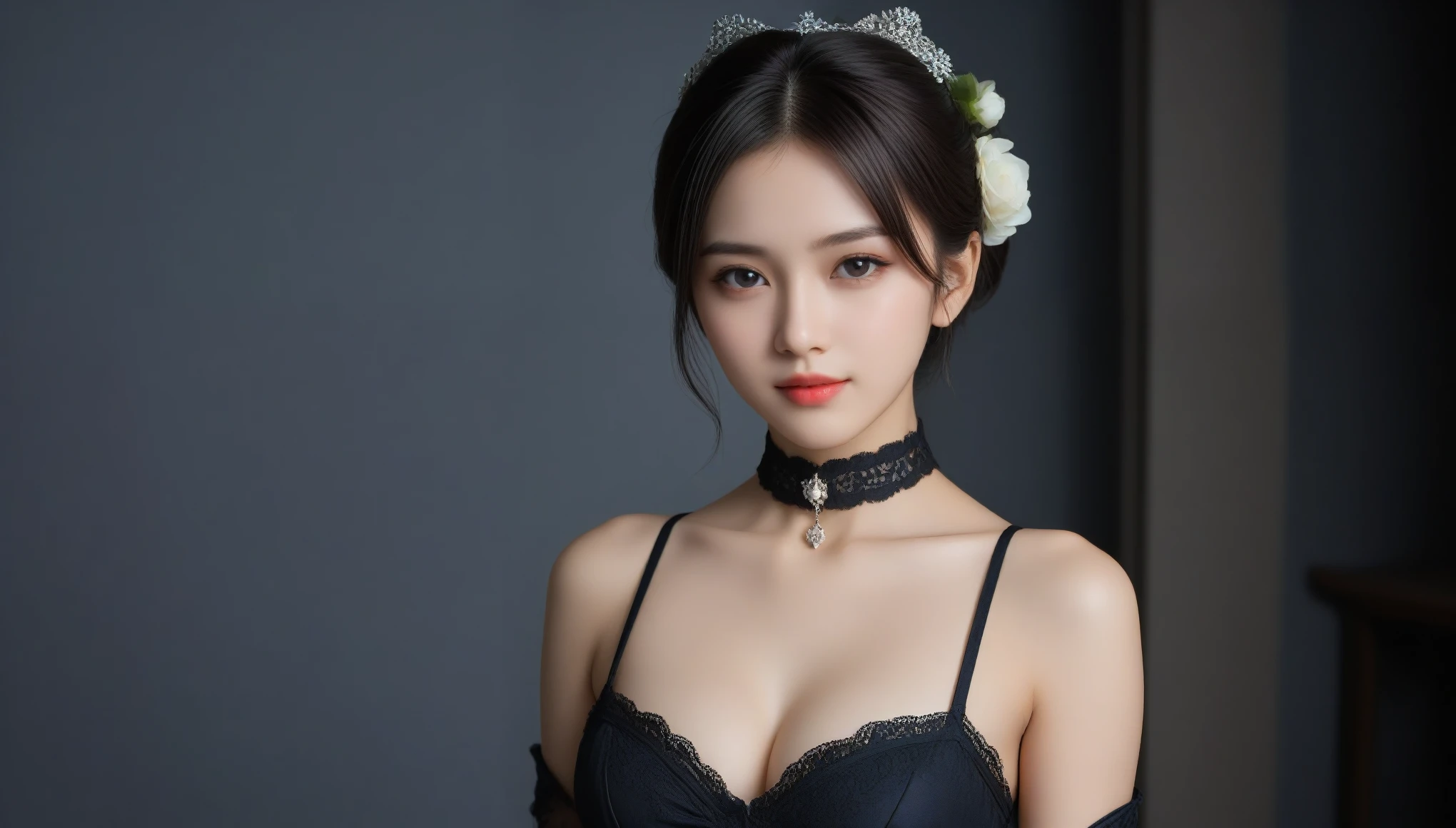 8k, Ultra-high resolution, Highest quality, masterpiece, 三分割法によるphotograph,Surreal, photograph, 1 Girl, (:1.3), pretty girl, Cute Face, 細部までBeautiful Eyes, 細かくdetailedに,masterpiece,One Girl:1.2,Japanese female announcer,cowboy shot,grin,Black short hair,Messy bun hair,((vampire:1.4)),awe, Natural skin texture、(Medieval European Dress Clothing:1.4)、(Colorful costumes:1.4)、Attractive girl、16 years oldmale body:1.4)、(女の子のポートレートphotograph:1.4Photorealistic images:1.4),Fantasy art,(Beautiful Face:1.4),Beautiful and attractive eyes、Beautiful Eyes、(Tight waist:1.4)、(9 Beautiful girls with perfect body proportions:1.4),Red lips,(choker:1.4),Looking at the audience,(((Ideal body type))),A-cup small breasts :2,、Portraiture:2、Perfect Anatomy、鮮明なdetailed、detailed,Fashion magazine cover,Thin lips,Gray background ,完璧でBeautiful Face ,完璧でCute Face, Skin with attention to detail, Perfect limbs、Narrow waist,Looking at the audience,(((Ideal body type))),A cup small breasts :2,Portraiture:2,Perfect Anatomy,鮮明なdetailed,detailed,Surreal,Light and shadow,moonlight