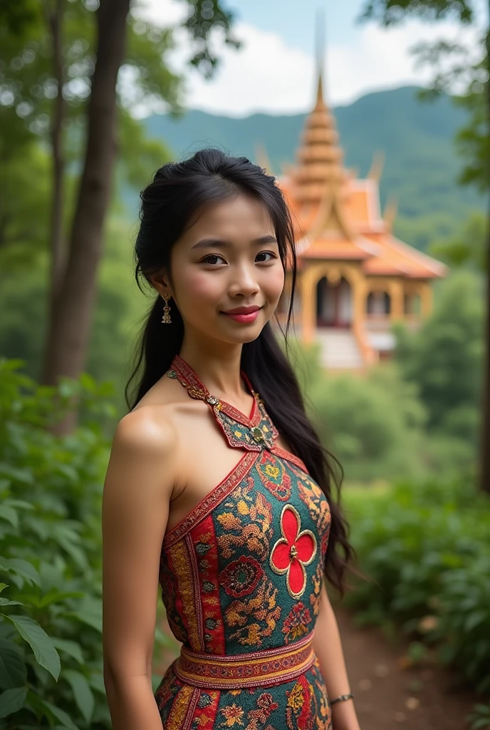 A young woman with a beautiful face, about 20-30 years old, in a colorful traditional Thai dress, in the forest, with a beautiful palace in the background.