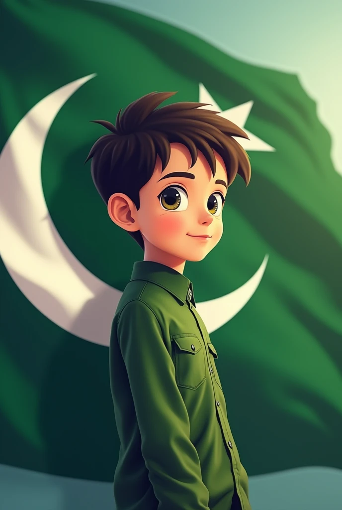 Pakistan flag with 14august 3d image with anime 18 year old boy ( AbidRizvi ) Image Banner name, Pakistan Independence Day 2024